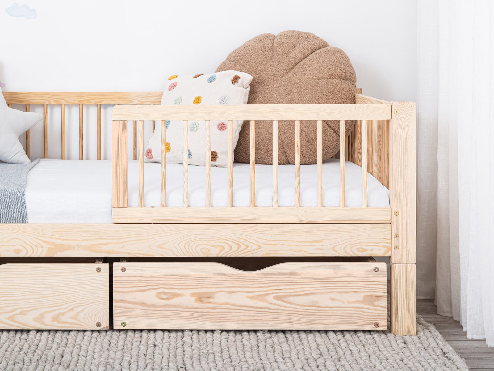 Toddler Bed, Kids bed - Moon 2-in-1, Rail design: Round, Drawer: Double, Height of legs: 10 cm, Entrance: left, Railing length: ½