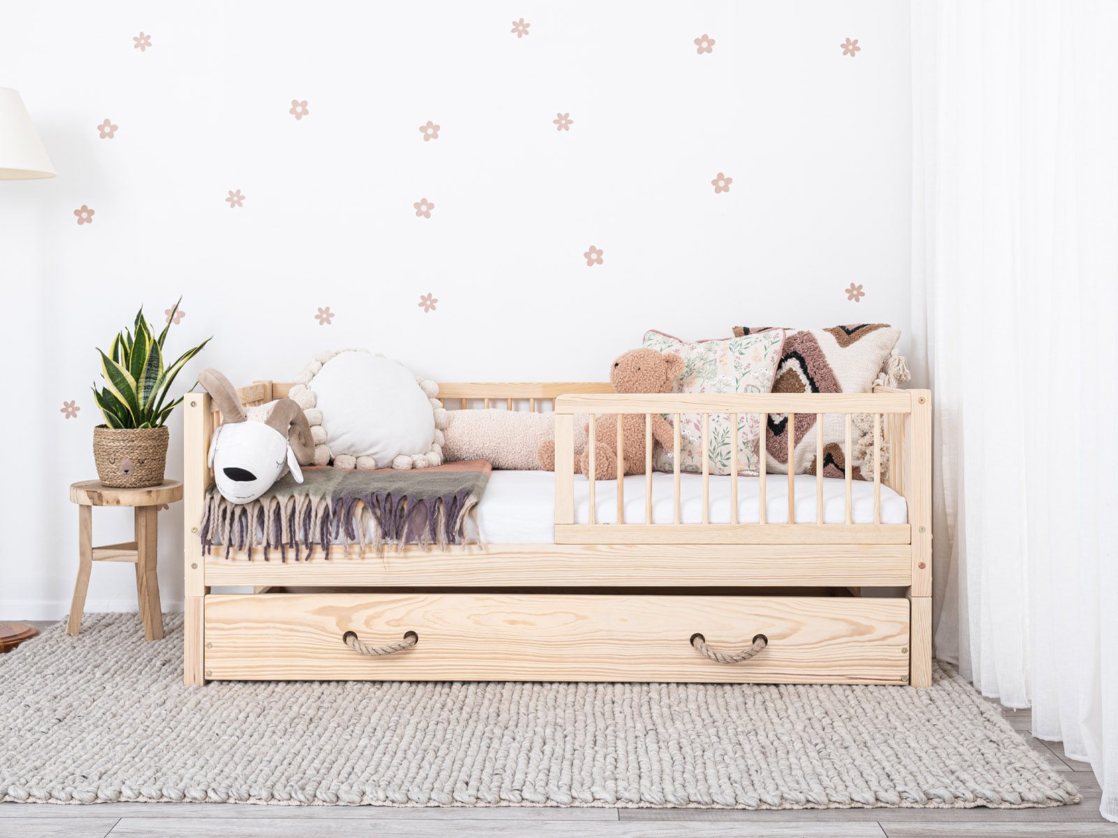Toddler Bed, Kids bed - Moon 2-in-1, Rail design: Round, Drawer: with cord, Height of legs: 10 cm, Entrance: left, Railing length: ½